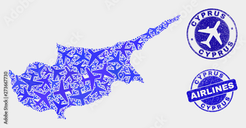 Airlines vector Cyprus map mosaic and scratched stamps. Abstract Cyprus map is formed from blue flat random airlines symbols and map locations. Tourism scheme in blue colors, and rounded seals.