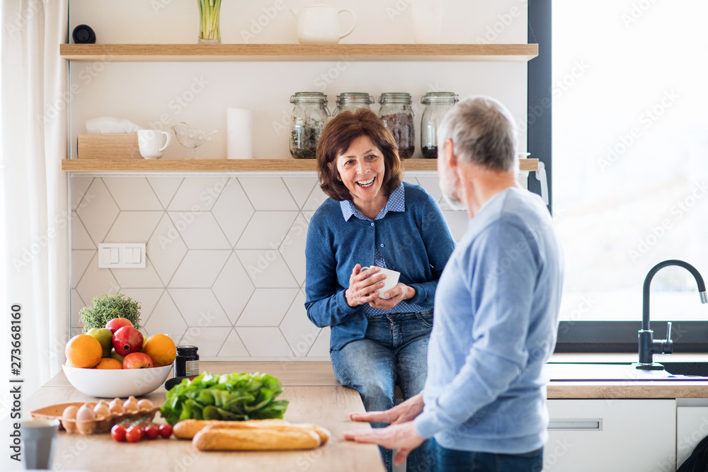 A portrait of senior couple indoors at home, talking. A portrait of senior couple indoors at home, talking.