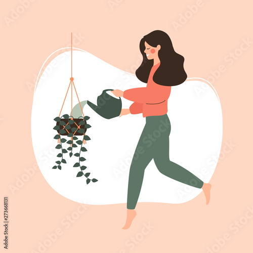 Young girl watering potted hanging plant. Concept of Irrigation and care of home flowers. Vector