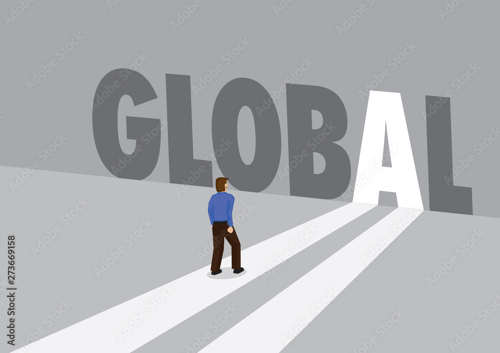 Businessman walking towards a light path with the text global. Business concept of global marketing, promotion or challenges. Businessman walking towards a light path with the text global. Business concept of global marketing, promotion or challenges.