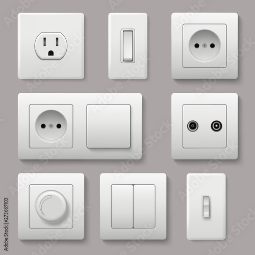 Wall switch. Power electrical socket electricity turn of and on plug vector realistic pictures. Electrical plug electric, power electricity sockets illustration