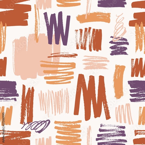Artistic seamless pattern with rough paint traces and scribble on white background. Abstract backdrop with brushstrokes. Vector illustration in contemporary art style for wrapping paper, fabric print.