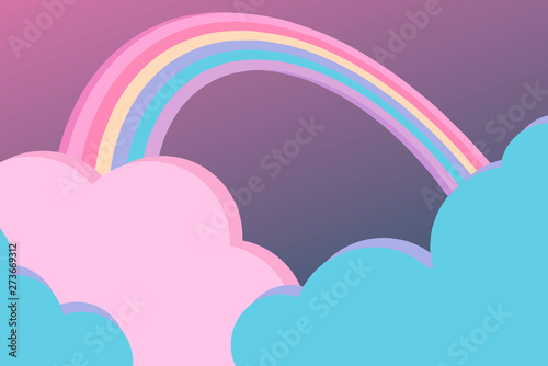 Fantasy sky scene with cute pink and bue clouds and colorful rainbow cartoon style vector background, illustration suitable for children designs