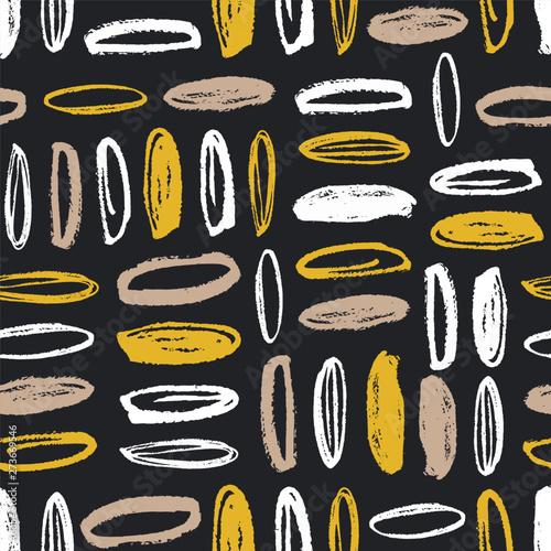Modern seamless pattern with rough oval brush strokes on black background