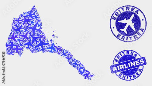 Air plane vector Eritrea map mosaic and grunge watermarks. Abstract Eritrea map is created with blue flat random airplane symbols and map markers. Flight plan in blue colors, and rounded watermarks.