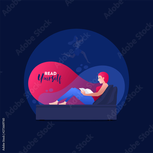 Vector illustration young woman is reading book