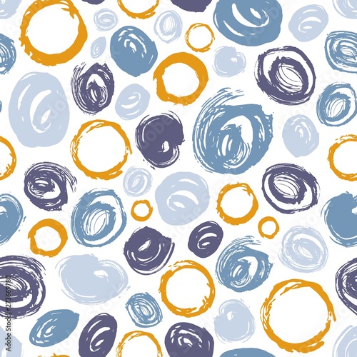 Decorative seamless pattern with round paint stains, smears or smudges on whi...