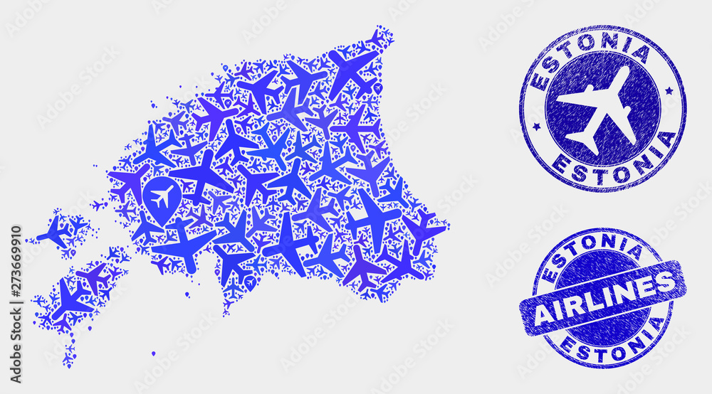 Aviation vector Estonia map composition and grunge seals. Abstract