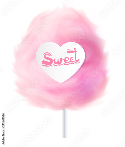 Pink cotton candy with a paper heart card