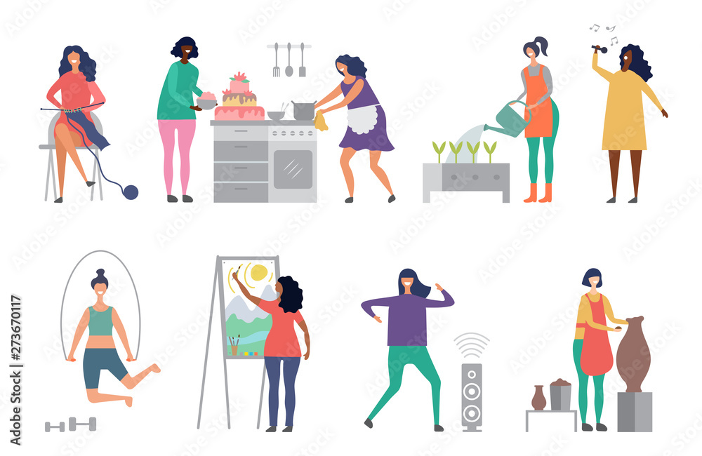 Naklejka premium Female hobbies vector. Artist, singer, potter woman characters vector illustrations. Craft hobby, painter and sculptor, woman cook cake