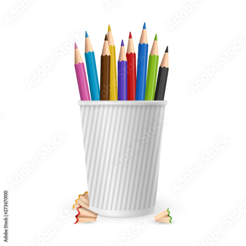 Realistic vector color pencils in glass isolated on white background. Illustration of color pencil for drawing, creativity crayon