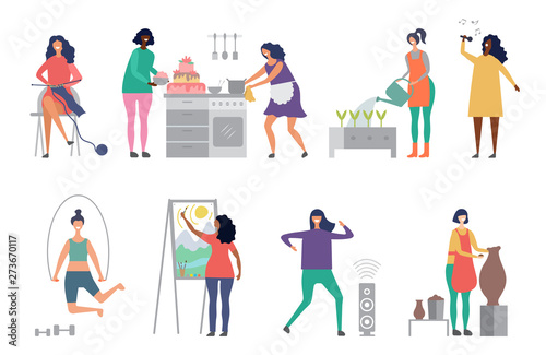 Female hobbies vector. Artist, singer, potter woman characters vector illustrations. Craft hobby, painter and sculptor, woman cook cake