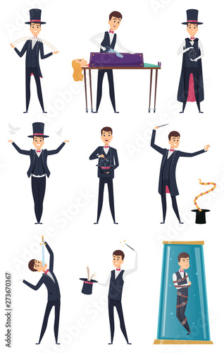 Magician. Male performer showmen in black costume and white gloves magic tricks vector cartoon characters. Magic performer, performance entertainment, illusionist and wizard illustration