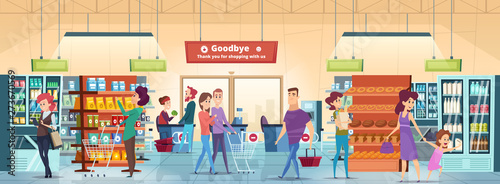 Shopping people. Characters in retail food market with shopping cart buying grocery products vector. Supermarket interior, customer buying food and add to cart illustration