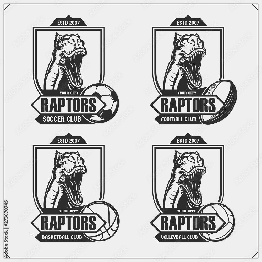 Volleyball, basketball, soccer and football logos and labels. Sport club emblems with raptor