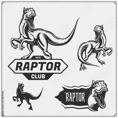 Raptor dinosaur mascot. Raptor emblems and logos for sport-club. Print design for t-shirt.