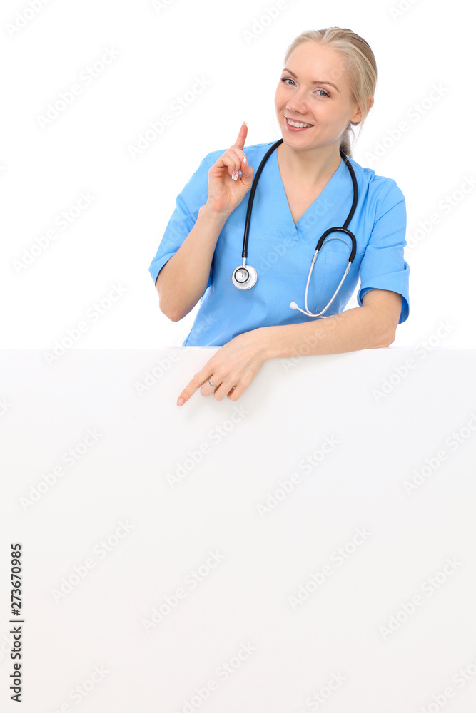Doctor woman or nurse isolated over white background. Cheerful smiling medical staff representative. Medicine concept Doctor woman or nurse isolated over white background. Cheerful smiling medical staff representative. Medicine concept