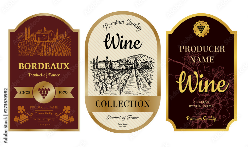 Vintage wine labels. Alcohol badges with pictures of vineyard chateau village bordeaux labels vector collection. Illustration of badge banner and emblem, wine drink sticker