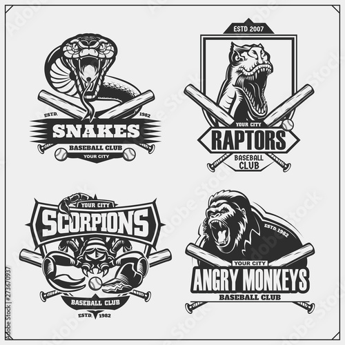 Baseball badges, labels and design elements. Sport club emblems with gorilla, cobra, raptor dinosaur and scorpion. Print design for t-shirt.