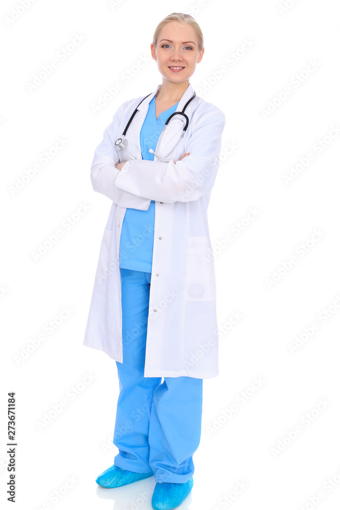Doctor woman or nurse isolated over white background. Cheerful smiling medical staff representative. Medicine concept Doctor woman or nurse isolated over white background. Cheerful smiling medical staff representative. Medicine concept