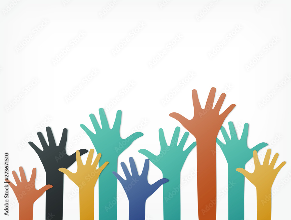 Colorful up hands. Raised hands volunteering. team work concept. paper art and craft style.