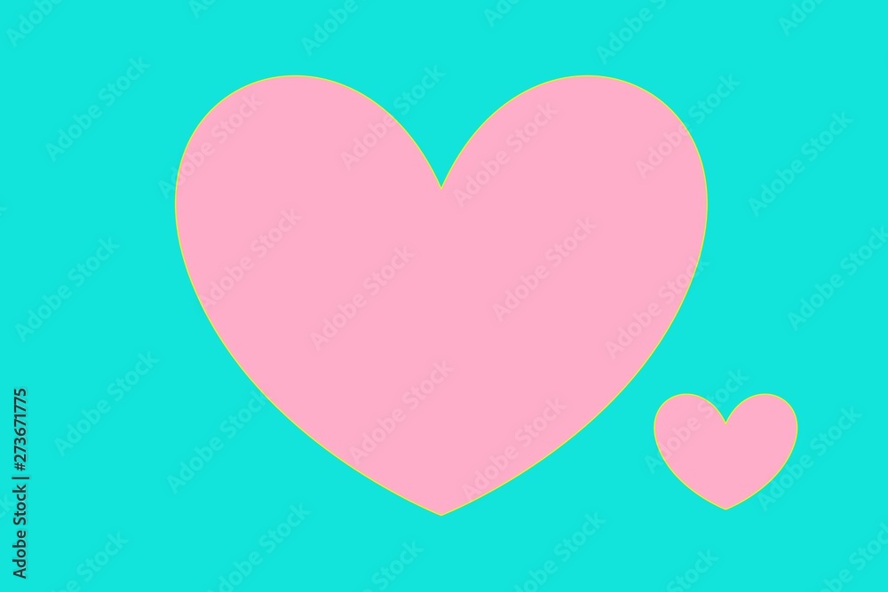 Two pink hearts small and big on a mint background.