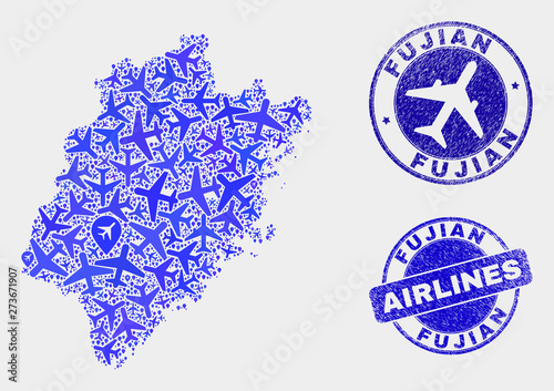 Airlines vector Fujian Province map mosaic and scratched watermarks. Abstract Fujian Province map is designed from blue flat randomized airlines symbols and map locations.