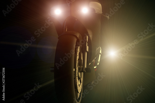 3D rendering of a motorcycle being chased by a bright light at night