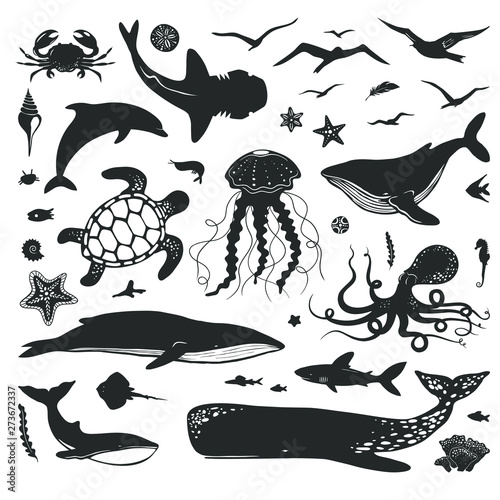 Vector set of sea creatures and animals. Vector silhouettes of whales, sharks, dolphin, octopus, jellyfish, turtle, crab and other marine animals isolated on white background. 