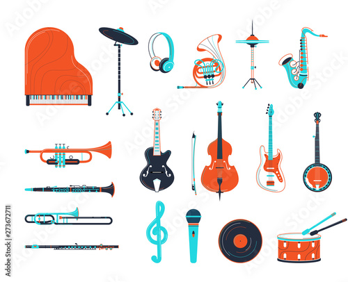 Acoustic and electric musical instruments illustrations set