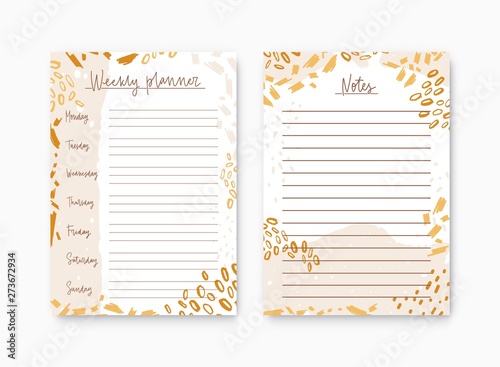Bundle of weekly planner and list for notes templates decorated by colorful paint stains. Printable pages for diary or reminder for task organization and effective planning. Cool vector illustration.