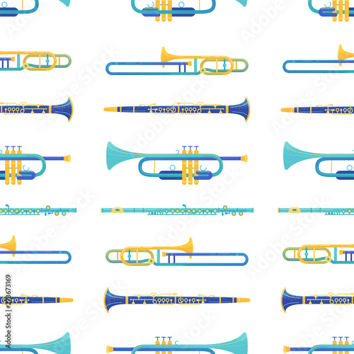 Brass and windwood instruments vector seamless pattern