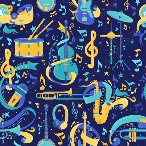 Photo Musical instruments flat vector seamless pattern