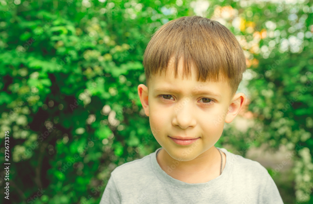 Serious boy in bright green garden. Adorable cute kid with stylish hair dress standing in bright greenery in street Serious boy in bright green garden. Adorable cute kid with stylish hair dress standing in bright greenery in street