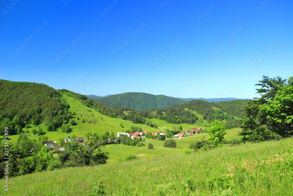Mountain village in green landscape, panoramic view. Begovo razdolje in Croatia.