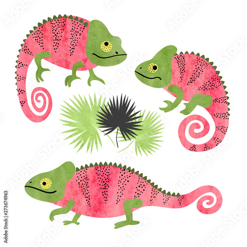 Set of funny watercolor chameleons. Vector lizards isolated on white background.