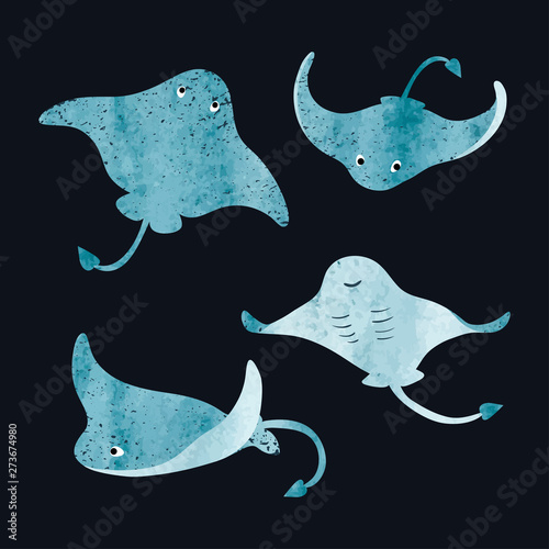 Vector set of cute watercolor stingrays.