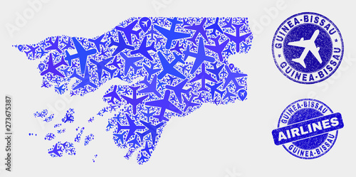 Airline vector Guinea-Bissau map mosaic and grunge seals. Abstract Guinea-Bissau map is created with blue flat random aircraft symbols and map locations. Flight plan in blue colors,