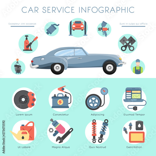 Car garage service infographic repair station banner mechanic vehicle auto vector illustration. Transportation technician mechanical inspection engine shop.
