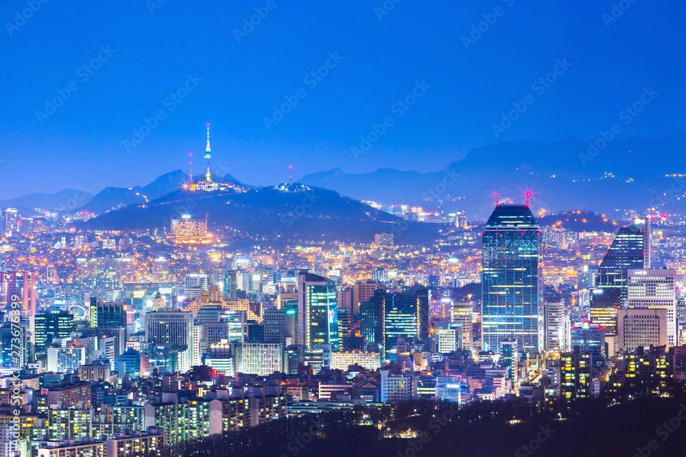 Seoul tower and Skyscrapers, Beautiful city of lights at night, Seoul, South Korea.