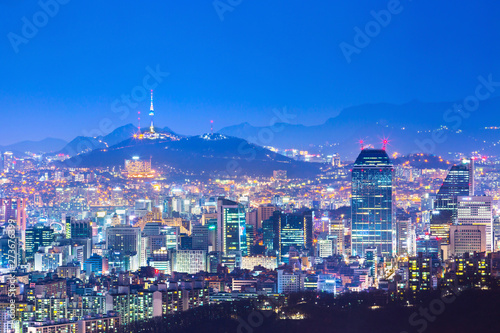 Seoul tower and Skyscrapers, Beautiful city of lights at night, Seoul, South Korea.