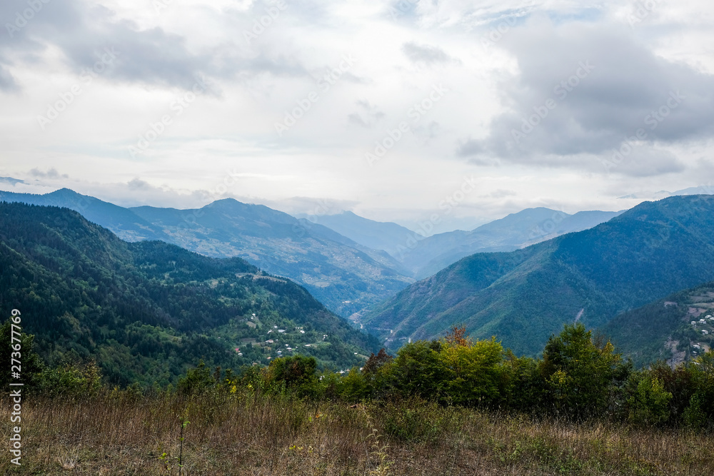 Amazing caucasus mountains of Khulo village, Adjara region, Georgia. View from Tago village. Colorful autumn season