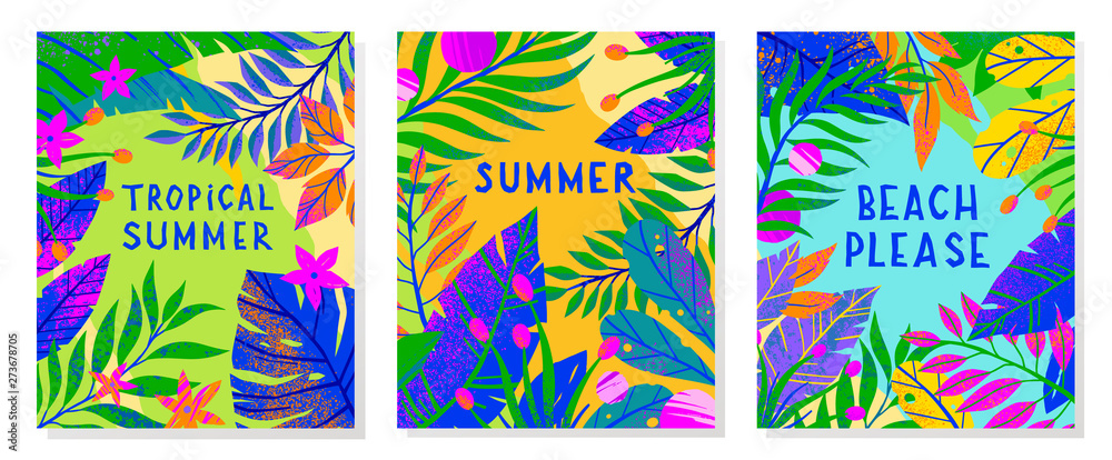 Fototapeta Set of summer vector illustrations with tropical leaves,flowers and elements.Multicolor plants with hand drawn texture.Exotic backgrounds perfect for prints,flyers,banners,invitations,social media.