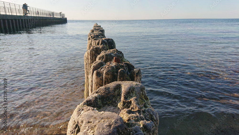 Old wooden breakwater with moss on sea coast. Vintage waves protection in Kolobrzeg. Old wooden breakwater with moss on sea coast. Vintage waves protection in Kolobrzeg.