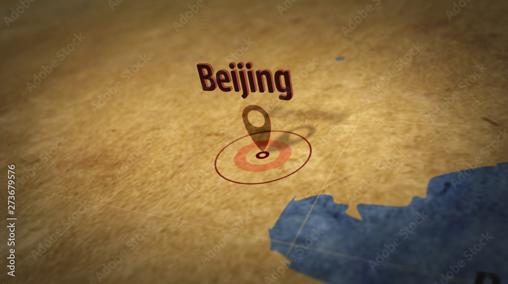 Obraz premium Beijing on simple retro paper map. 3D flight over grunge atlas chart with city marked by pushpin.