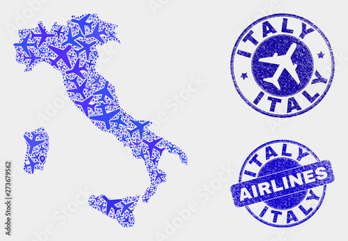 Airline vector Italy map composition and grunge stamps. Abstract Italy map is designed with blue flat random airlines symbols and map locations. Tourism plan in blue colors, and rounded stamps.