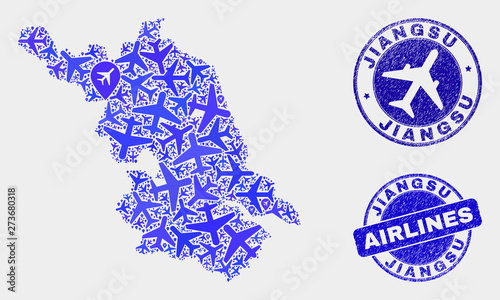 Aircraft vector Jiangsu Province map composition and grunge seals. Abstract Jiangsu Province map is designed with blue flat scattered aviation symbols and map markers. Shipping plan in blue colors,