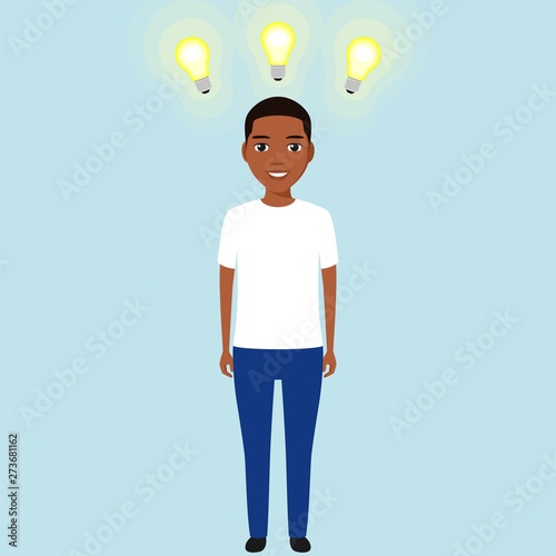 A black guy who has a lot of ideas. Idea's generator. Business. Vector illustration.