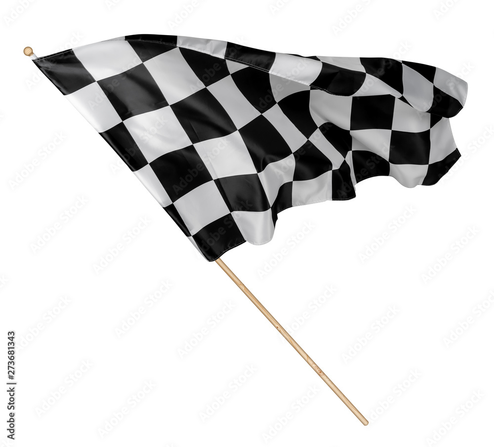 Black white race chequered or checkered flag with wooden stick isolated background. motorsport racing symbol concept
