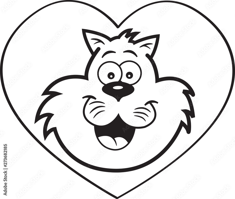 Black and white illustration of a happy cat head inside a heart.